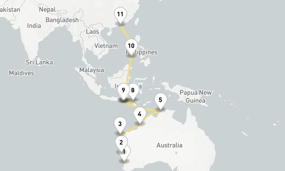 23 days, one-way from Fremantle to Hong Kong 24日間