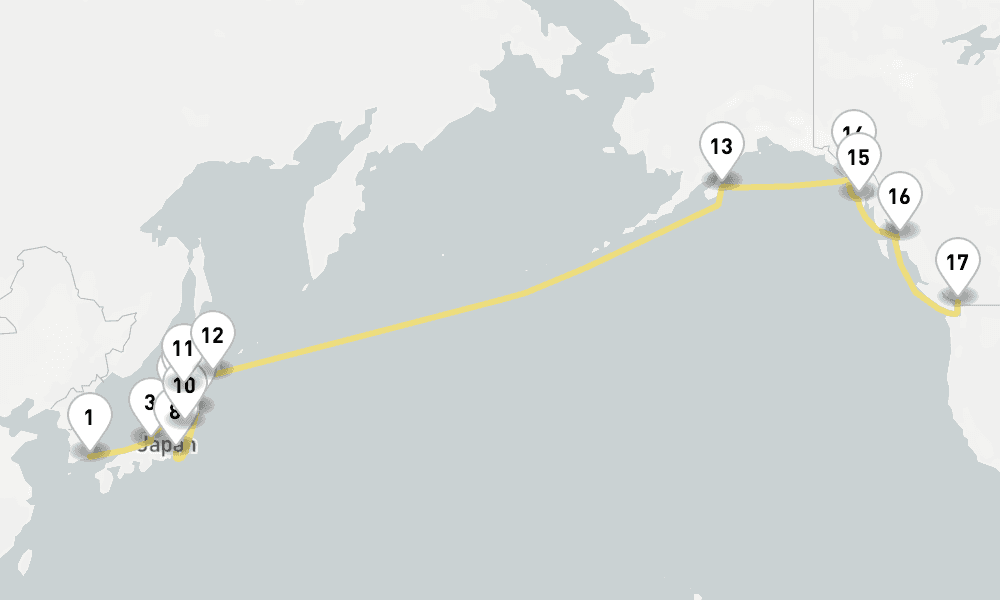 31 days, one-way from Busan to Vancouver 32日間