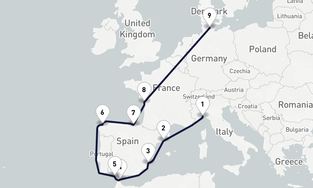 12 days, one-way from Genoa to Kiel 13日間