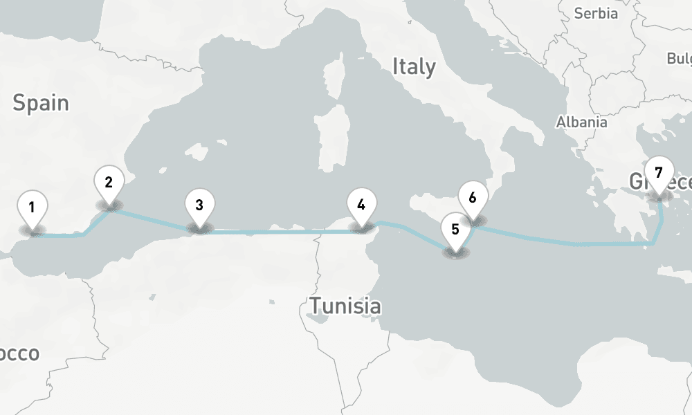 9 days, one-way from Malaga to Piraeus-Athens 10日間