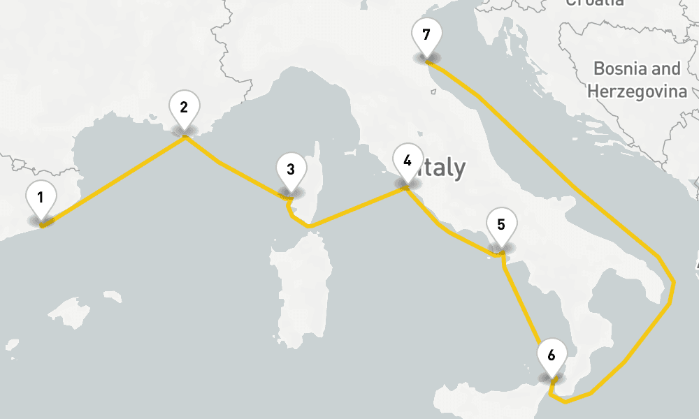 7 days, one-way from Barcelona to Ravenna 8日間
