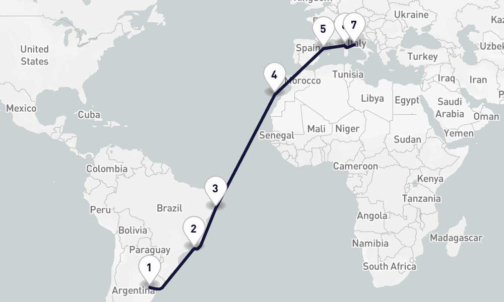 18 days, one-way from Buenos Aires to Civitavecchia-Rome 19日間
