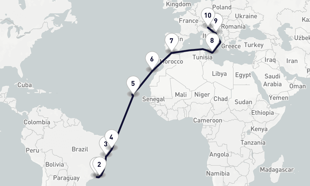 20 days, one-way from Rio de Janeiro to Venice 21日間