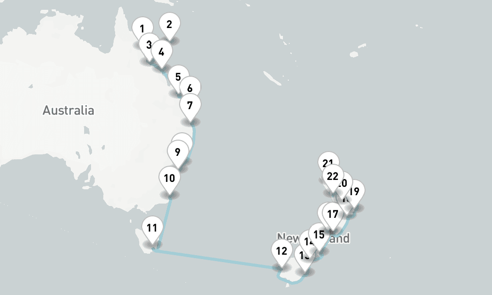 26 days, one-way from Cairns to Auckland 27日間