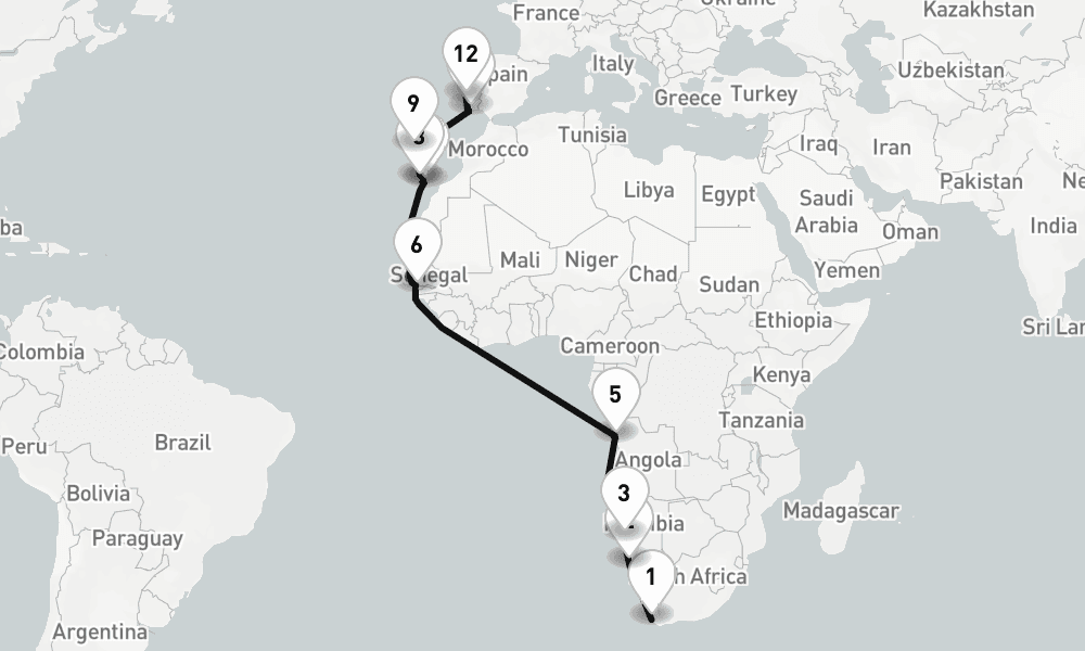 23 days, one-way from Cape Town to Lisbon 24日間