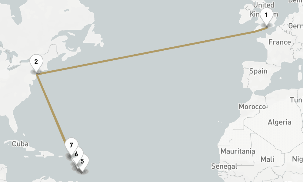 28 days, round-trip Transatlantic Crossing And Eastern Caribbean 29日間