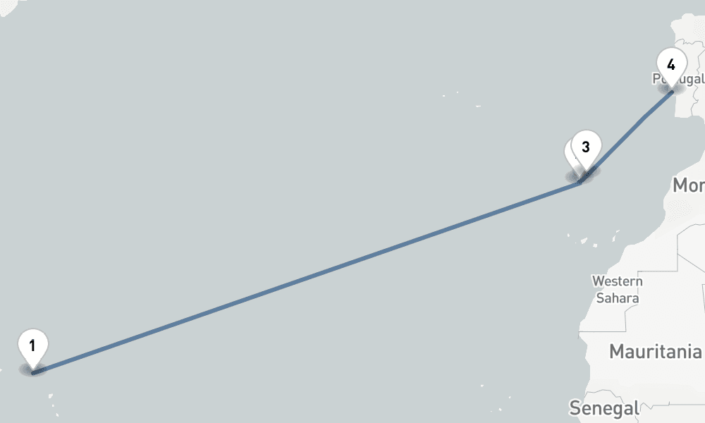 15 days, one-way from Philipsburg St Maarten to Lisbon 16日間