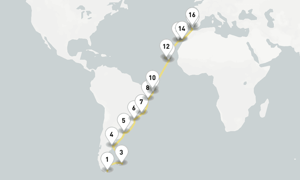 55 days, one-way from Ushuaia to Seville 56日間