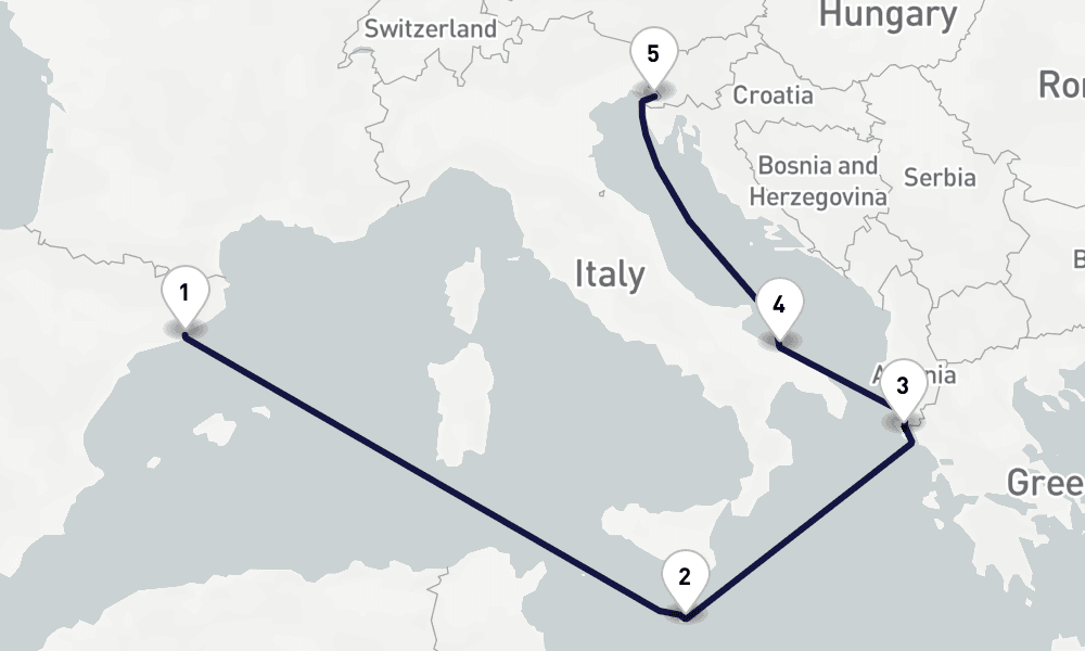 6 days, one-way from Barcelona to Trieste 7日間