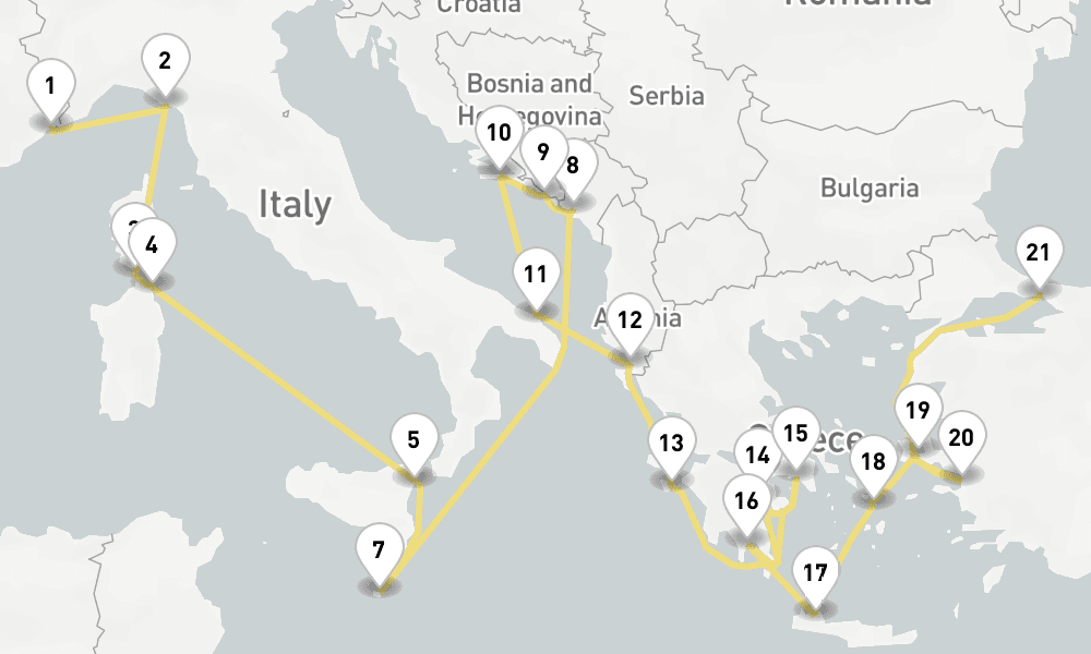 24 days, one-way from Villefranche-sur-Mer to Istanbul 25日間
