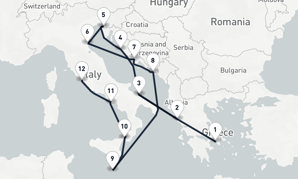 13 nights / 14 days, one-way from Piraeus (Athens, Greece) to Civitavecchia (Rome, Italy)