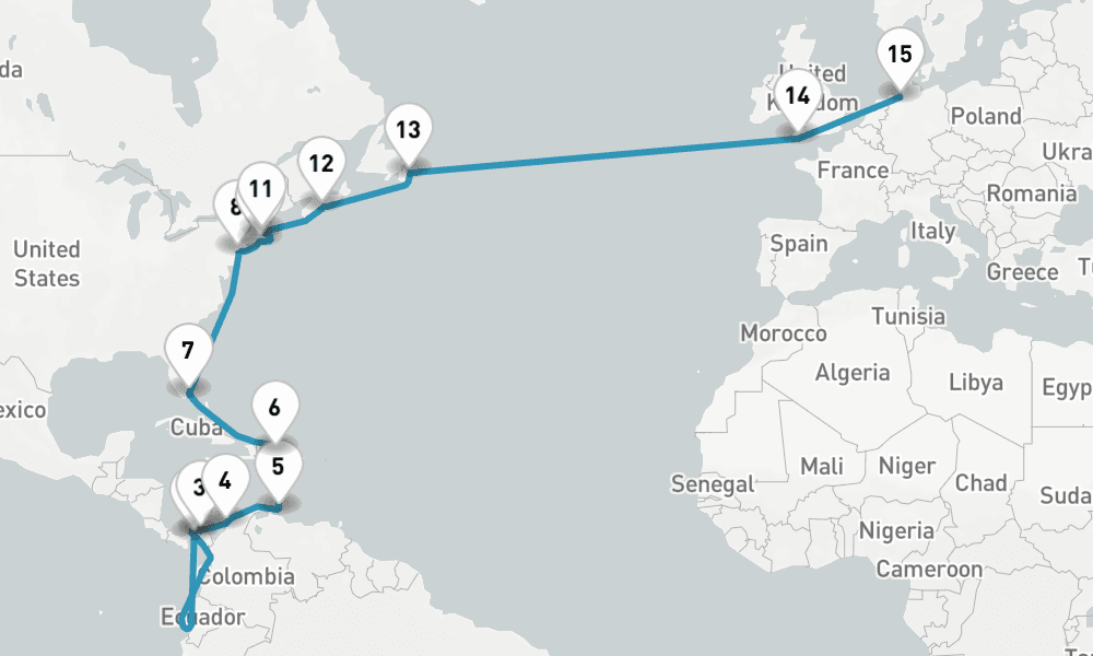 29 days, one-way from Panama City to Bremerhaven 30日間