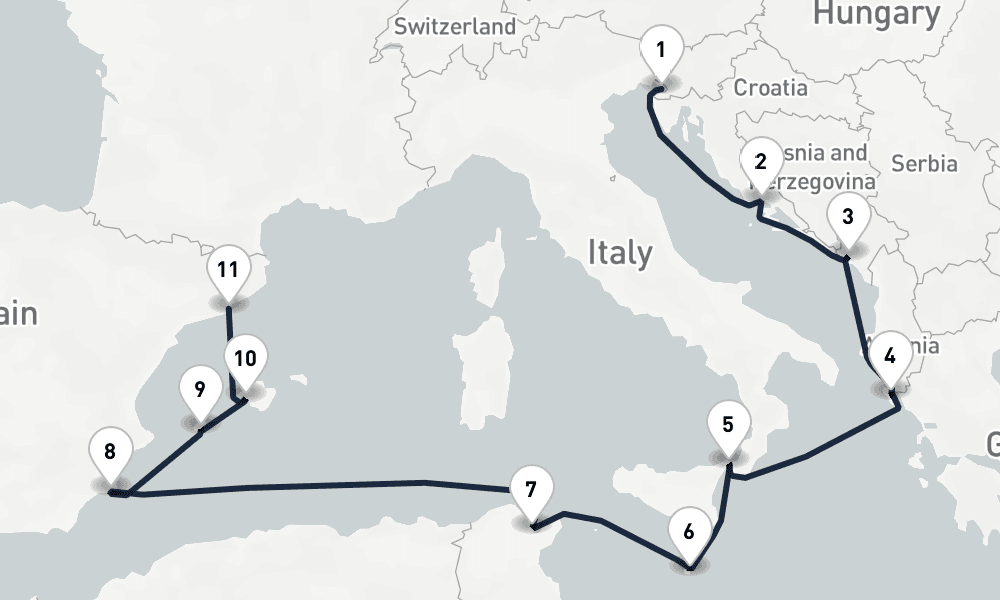 12 days, one-way from Trieste to Barcelona 13日間