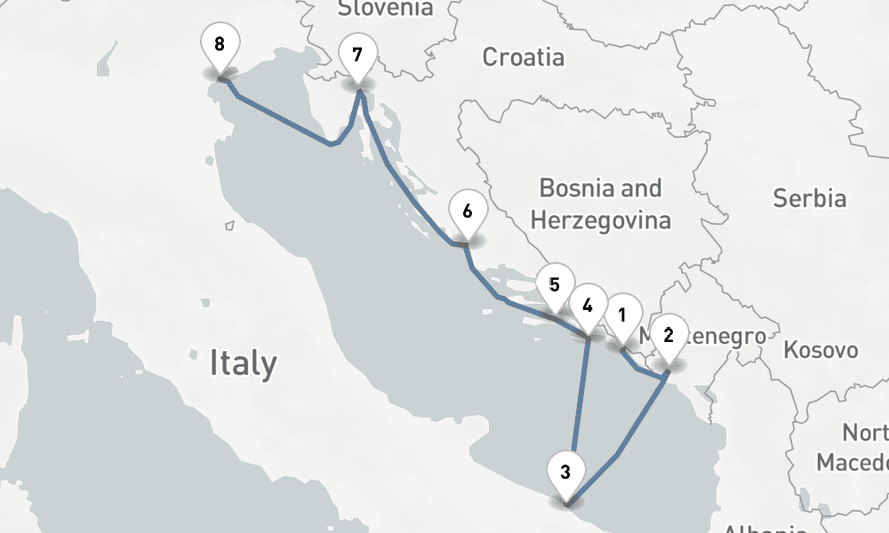 7 days, one-way from Dubrovnik to Venice 8日間