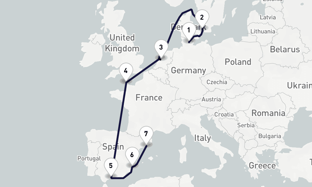 10 days, one-way from Kiel to Barcelona 11日間
