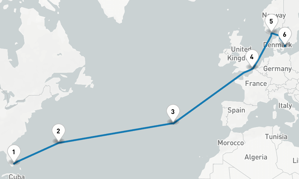 15 days, one-way from Fort Lauderdale to Copenhagen 16日間