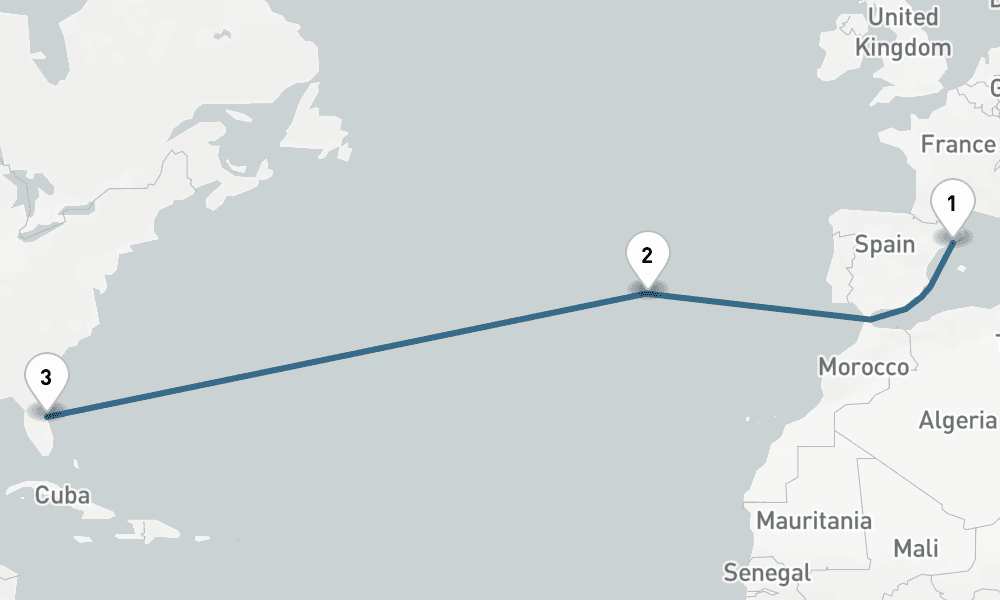 12 days, one-way from Barcelona to Port Canaveral 13日間