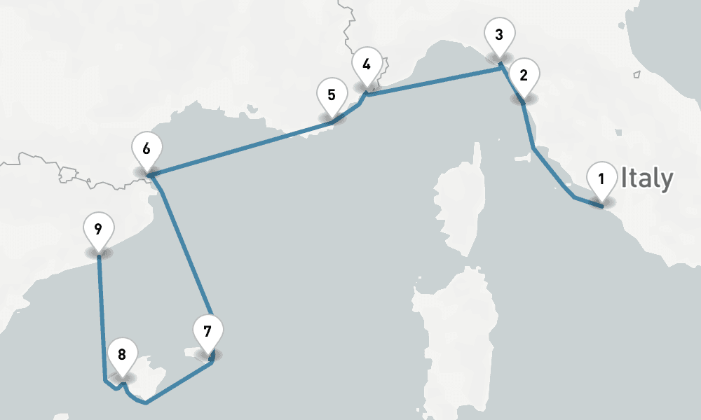 9 days, one-way from Civitavecchia-Rome to Barcelona 10日間