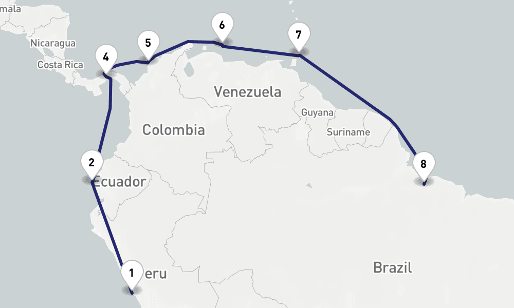 19 days, one-way from Callao-Lima to Belem 20日間