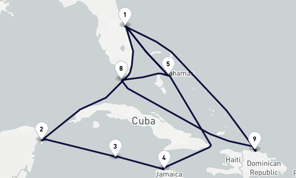 14 days, round-trip Caribbean Bahamas 15日間