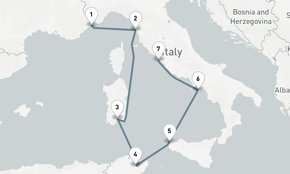 7 nights / 8 days, one-way from Monte Carlo (Monaco, France Riviera) to Civitavecchia (Rome, Italy)