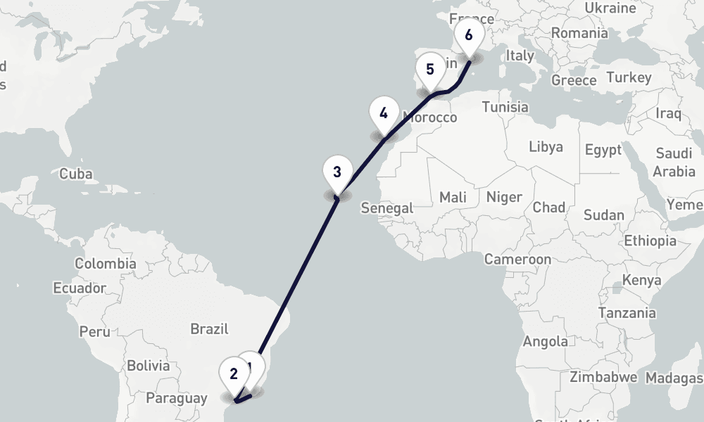 15 days, one-way from Rio de Janeiro to Barcelona 16日間