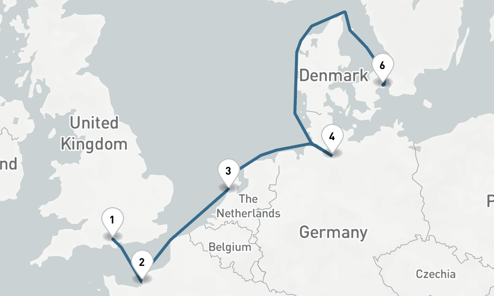 7 days, one-way from Southampton to Copenhagen 8日間