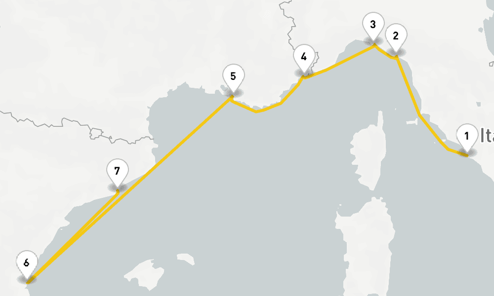 7 days, one-way from Civitavecchia-Rome to Barcelona 8日間