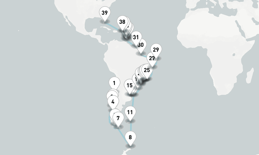 58 days, one-way from Valparaiso-Santiago to Miami 59日間