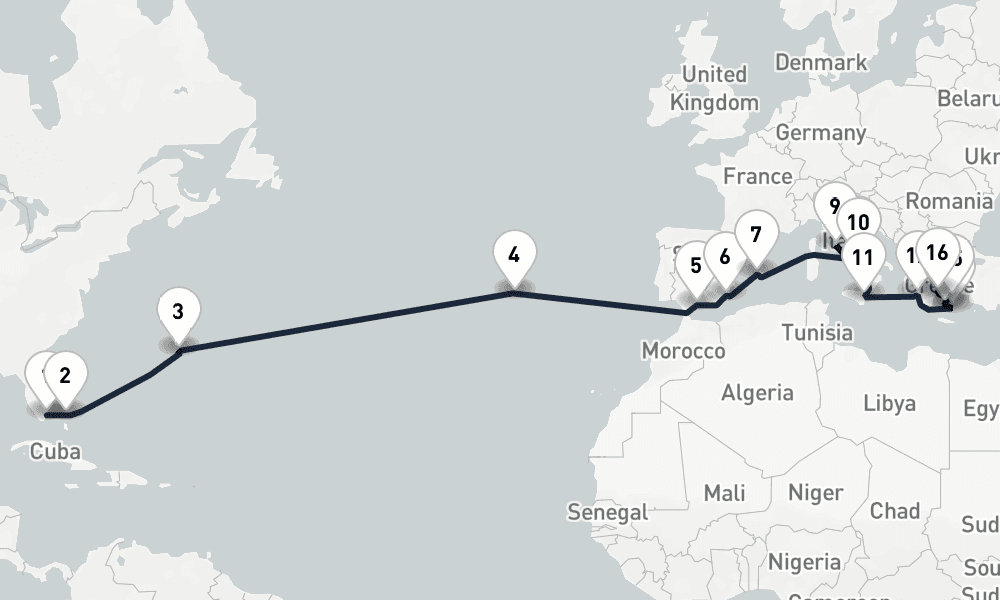 23 days, one-way from Miami to Piraeus-Athens 24日間