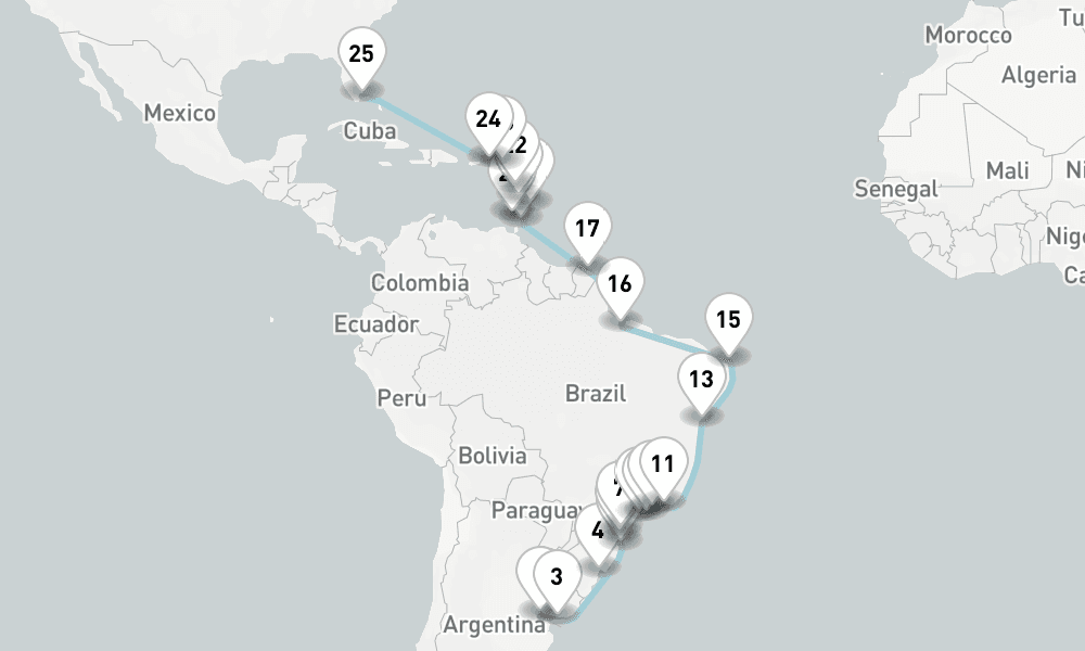 35 days, one-way from Buenos Aires to Miami 36日間