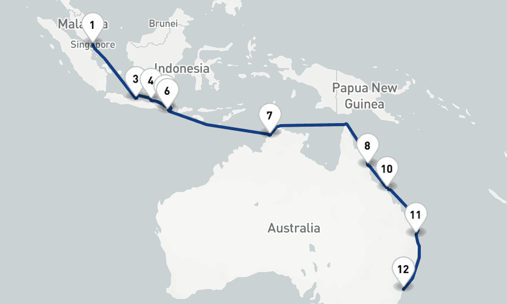 20 nights / 21 days, one-way from Singapore to Sydney (NSW, Australia)