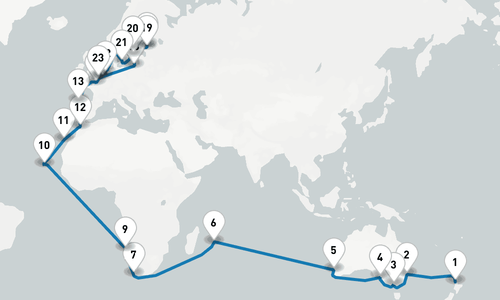 59 days, one-way from Auckland to Dover 60日間
