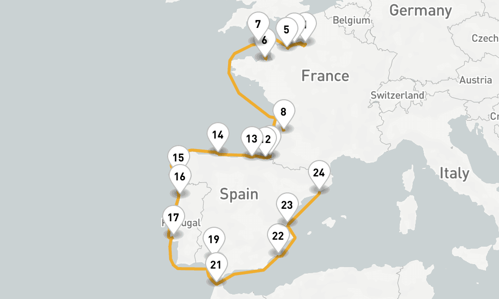 24 days, one-way from Rouen to Barcelona 25日間