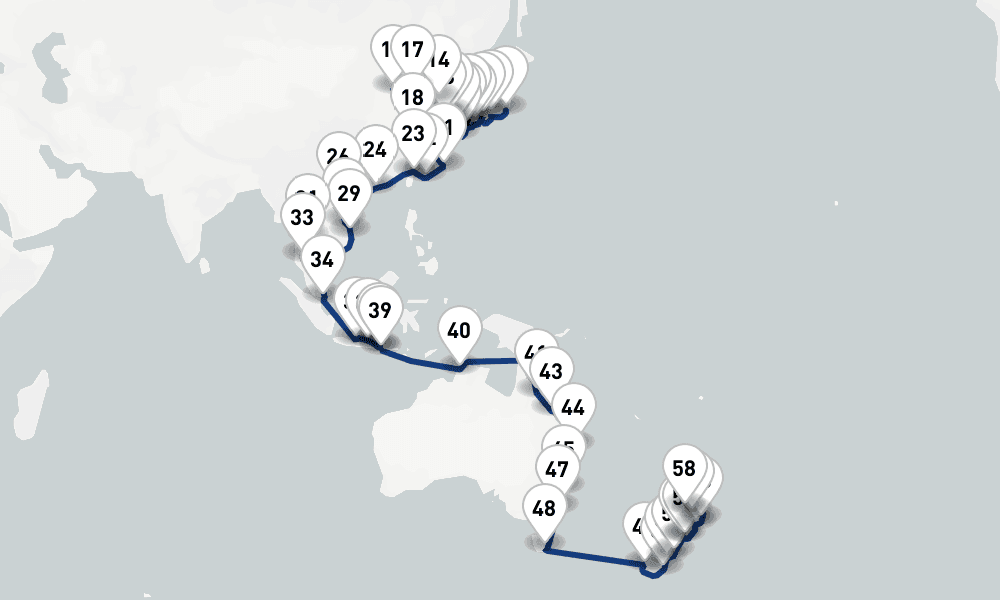 78 nights / 79 days, one-way from Tokyo to Auckland