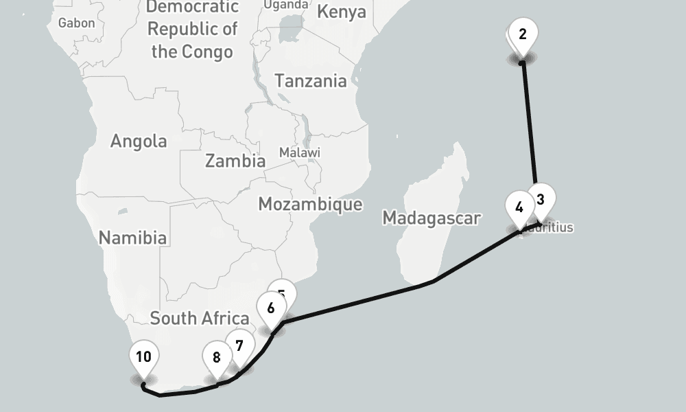 17 days, one-way from Mahe Island Seychelles to Cape Town 18日間