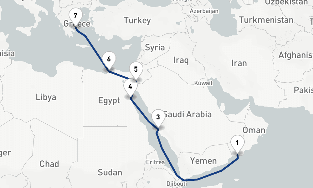 13 days, one-way from Salalah to Piraeus-Athens 14日間