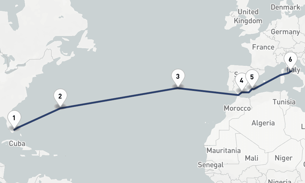 14 days, one-way from Fort Lauderdale to Civitavecchia-Rome 15日間