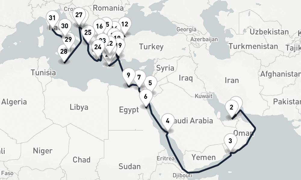 38 days, one-way from Dubai to Civitavecchia-Rome 39日間