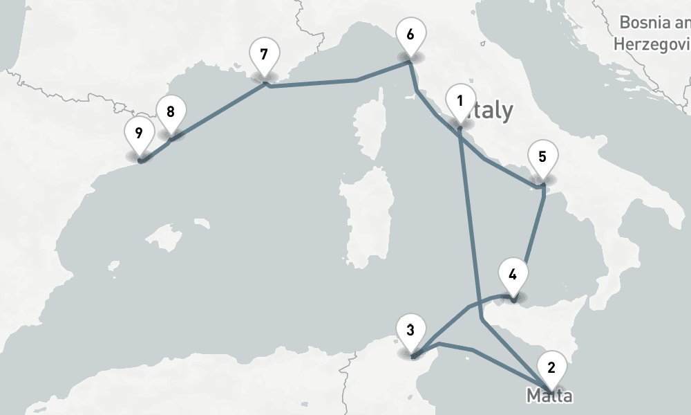 10 days, one-way from Civitavecchia-Rome to Barcelona 11日間