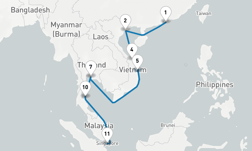 15 days, one-way from Hong Kong to Singapore 16日間