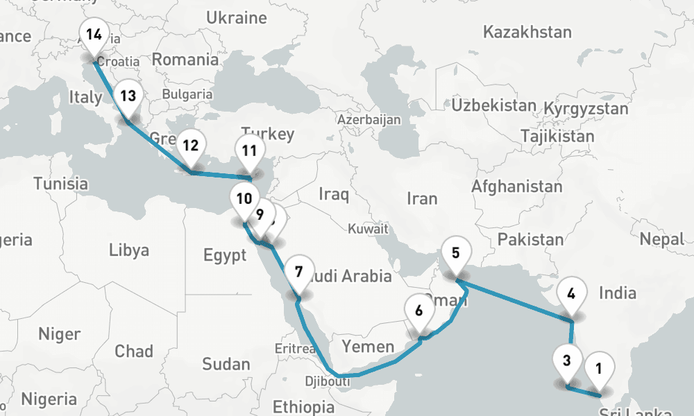 26 nights / 27 days, one-way from Cochin to Trieste