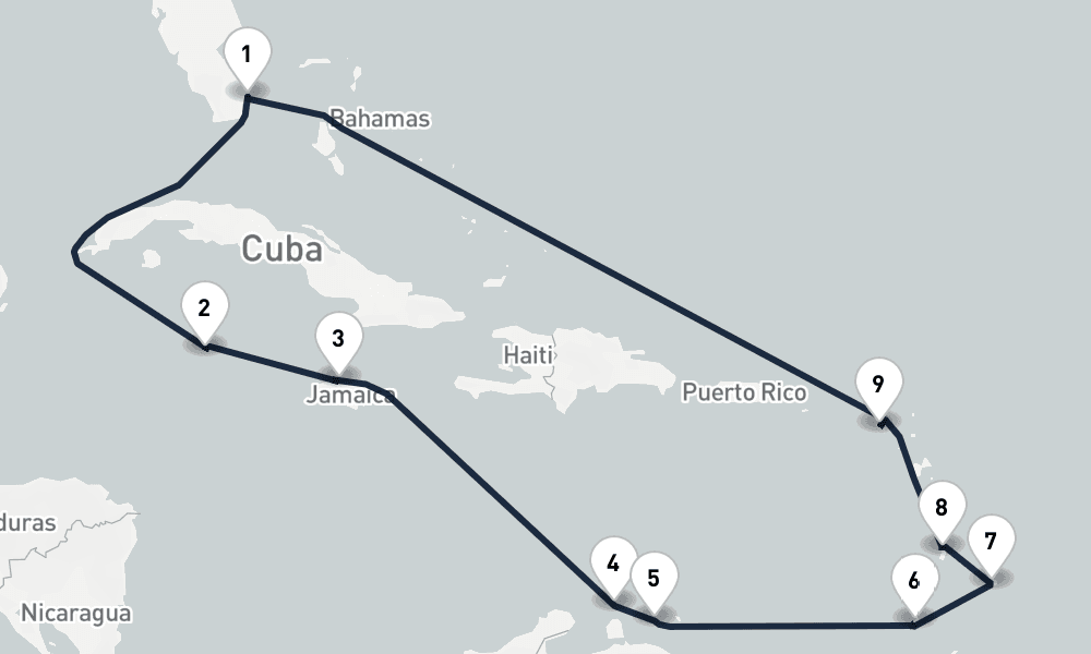 14 days, round-trip Dutchmans Caribbean Miami to Miami 15日間