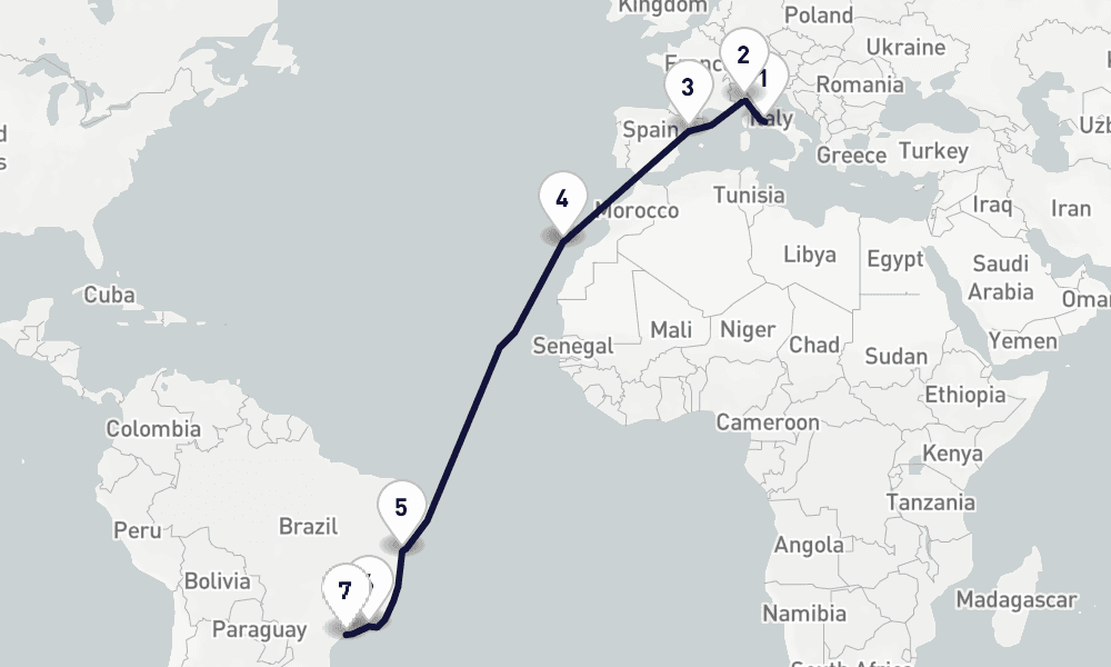 17 days, one-way from Civitavecchia-Rome to Santos 18日間