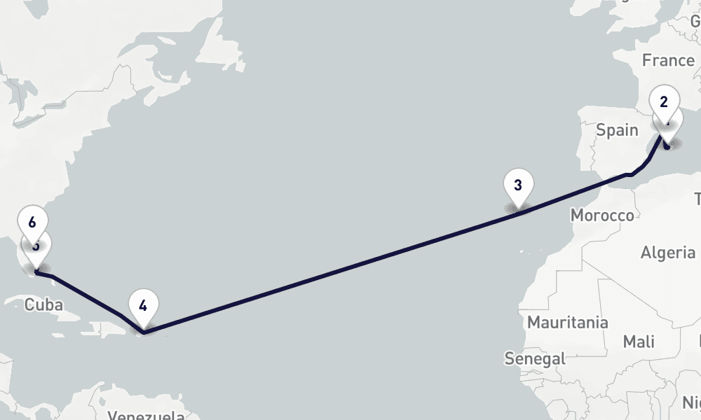 15 days, one-way from Palma de Mallorca to Port Canaveral 16日間