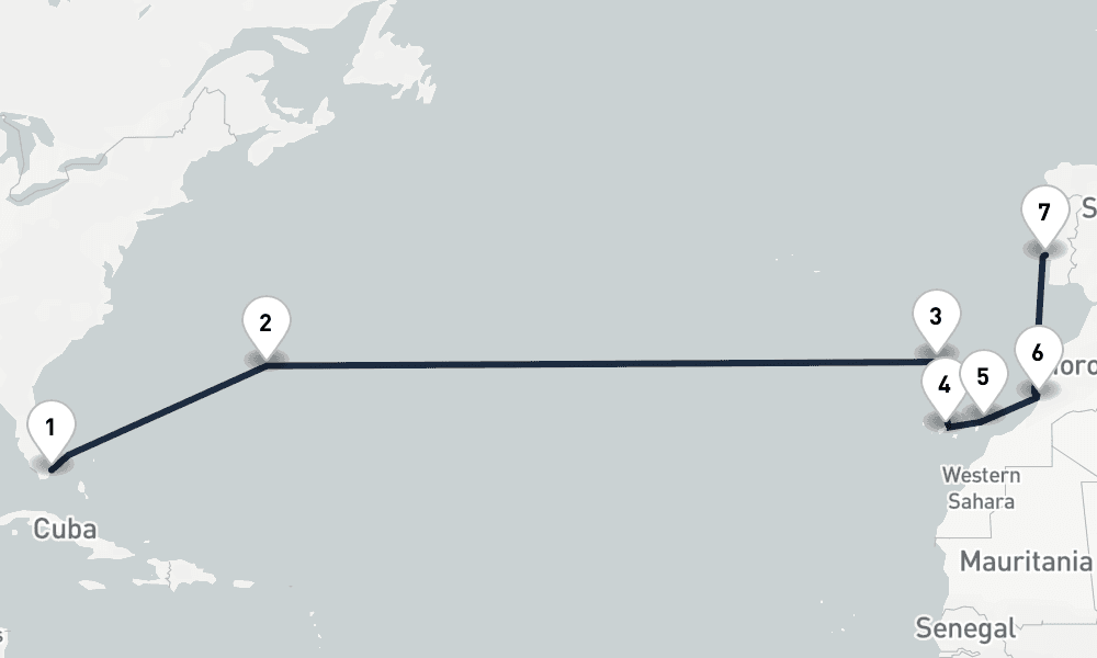 15 days, one-way from Miami to Lisbon 16日間