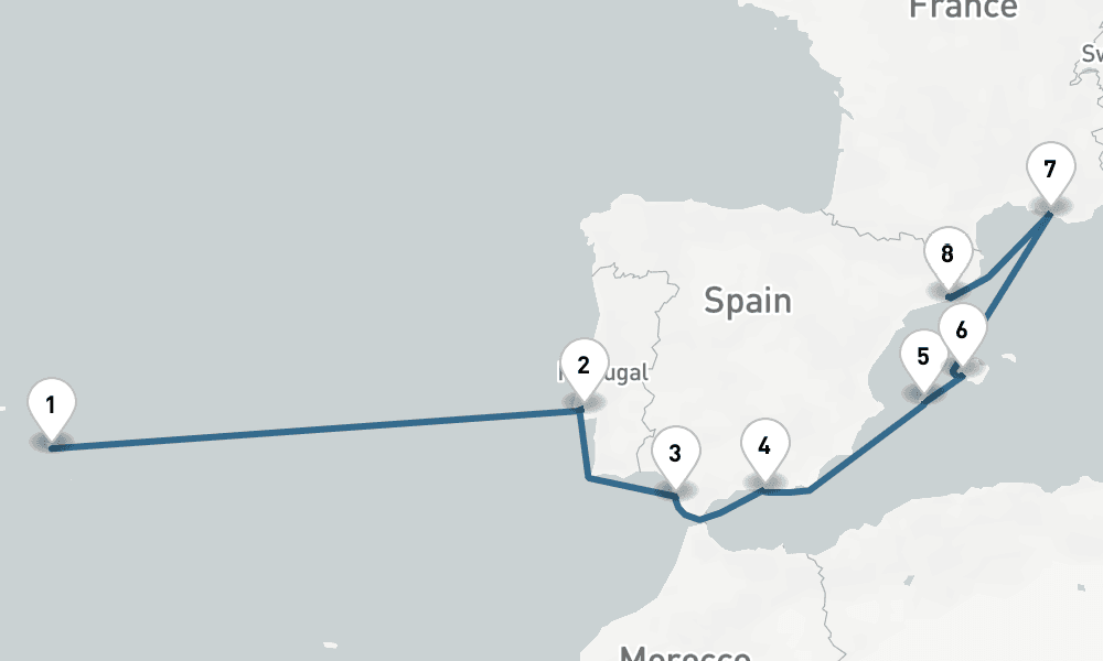 14 days, one-way from Philadelphia to Barcelona 15日間