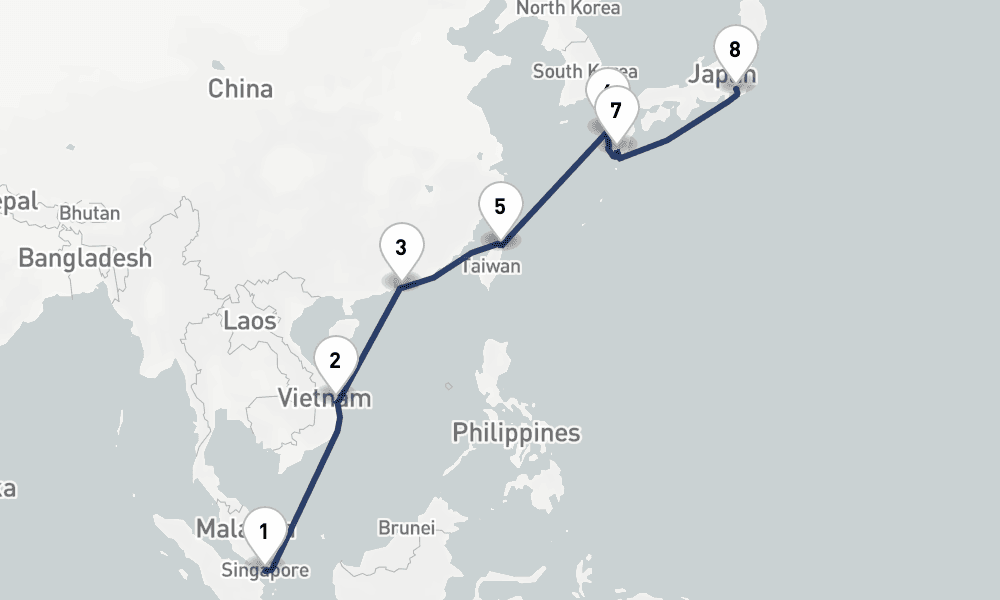 13 days, one-way from Singapore to Yokohama 14日間