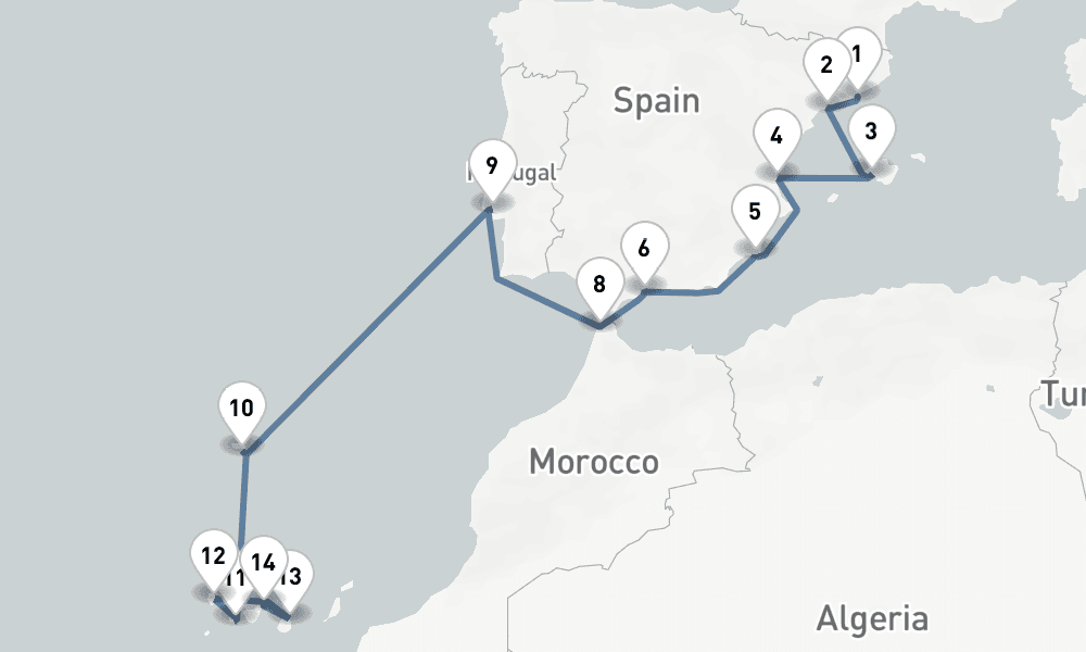 18 days, one-way from Barcelona to Santa Cruz de Tenerife 19日間