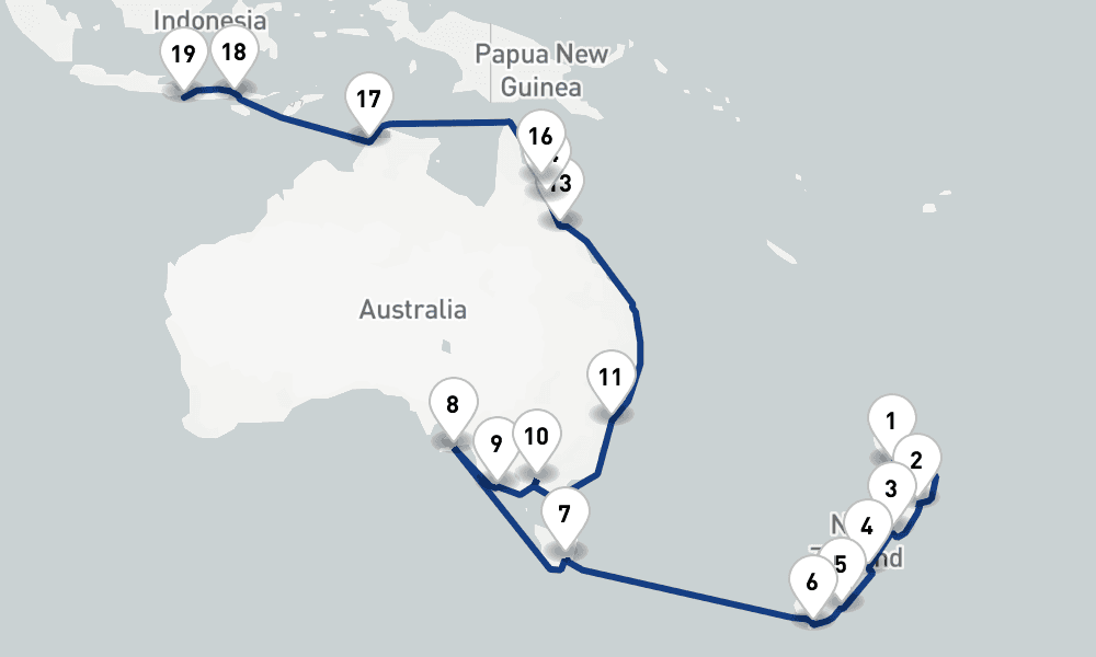 33 nights / 34 days, one-way from Auckland to Benoa (Bali, Indonesia)